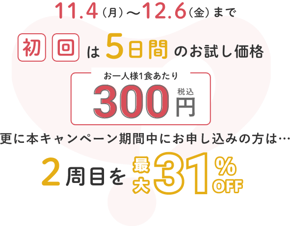 初回5日間お試し価格！お一人様1食300円。キャンペーン期間中にお申込みの方限定で、2週目以降は最大31%OFF！